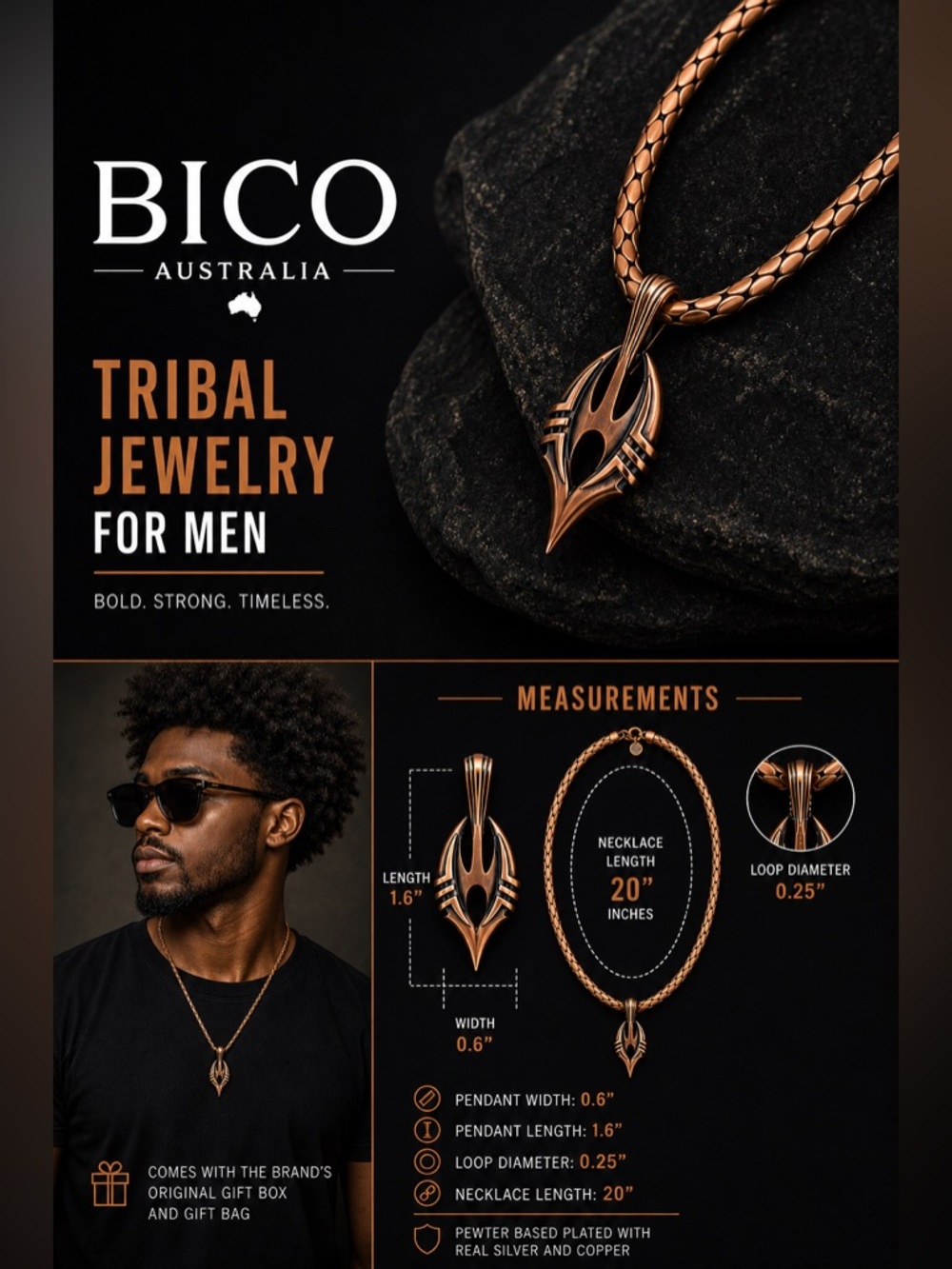 Bico Australia Basco Men’s Tribal Pendant Necklace 20” Plated NWT Rare